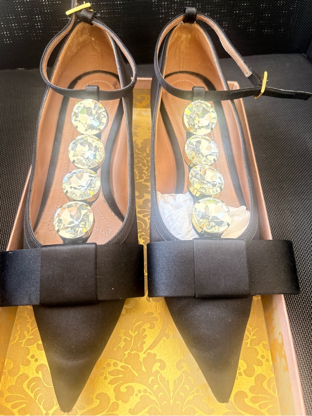 Marni Black Pointed T-Strap Flats with Bow & Crystal Accents.Special edition .
